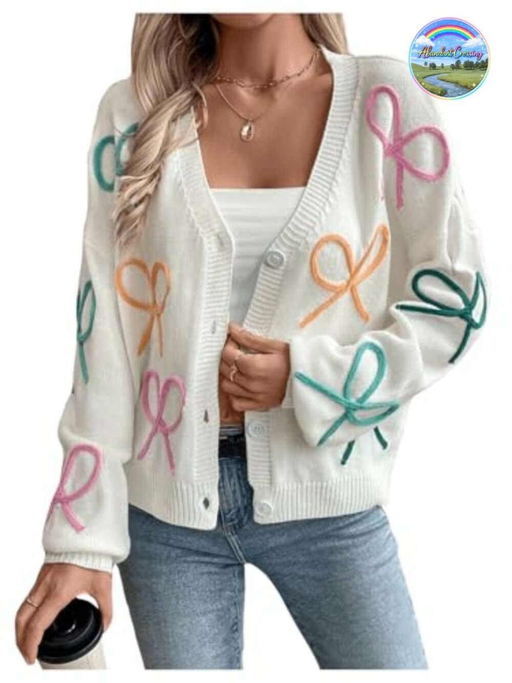 Women's Bow Cardigan Long Sleeve V Neck Button Down Knit Sweater